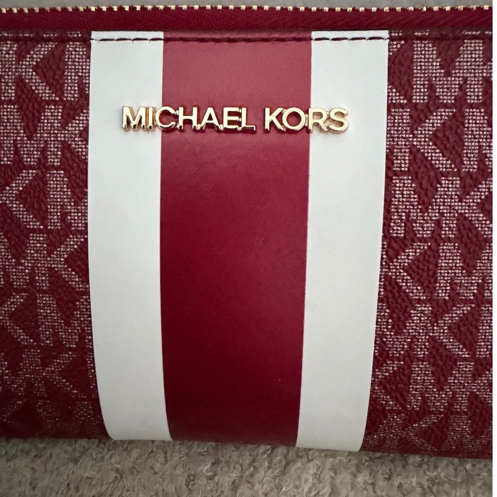 Michael Kors Burgundy Monogram Stripe Satchel Crossbody Bag and Wallet Wristlet - Picture 14 of 16
